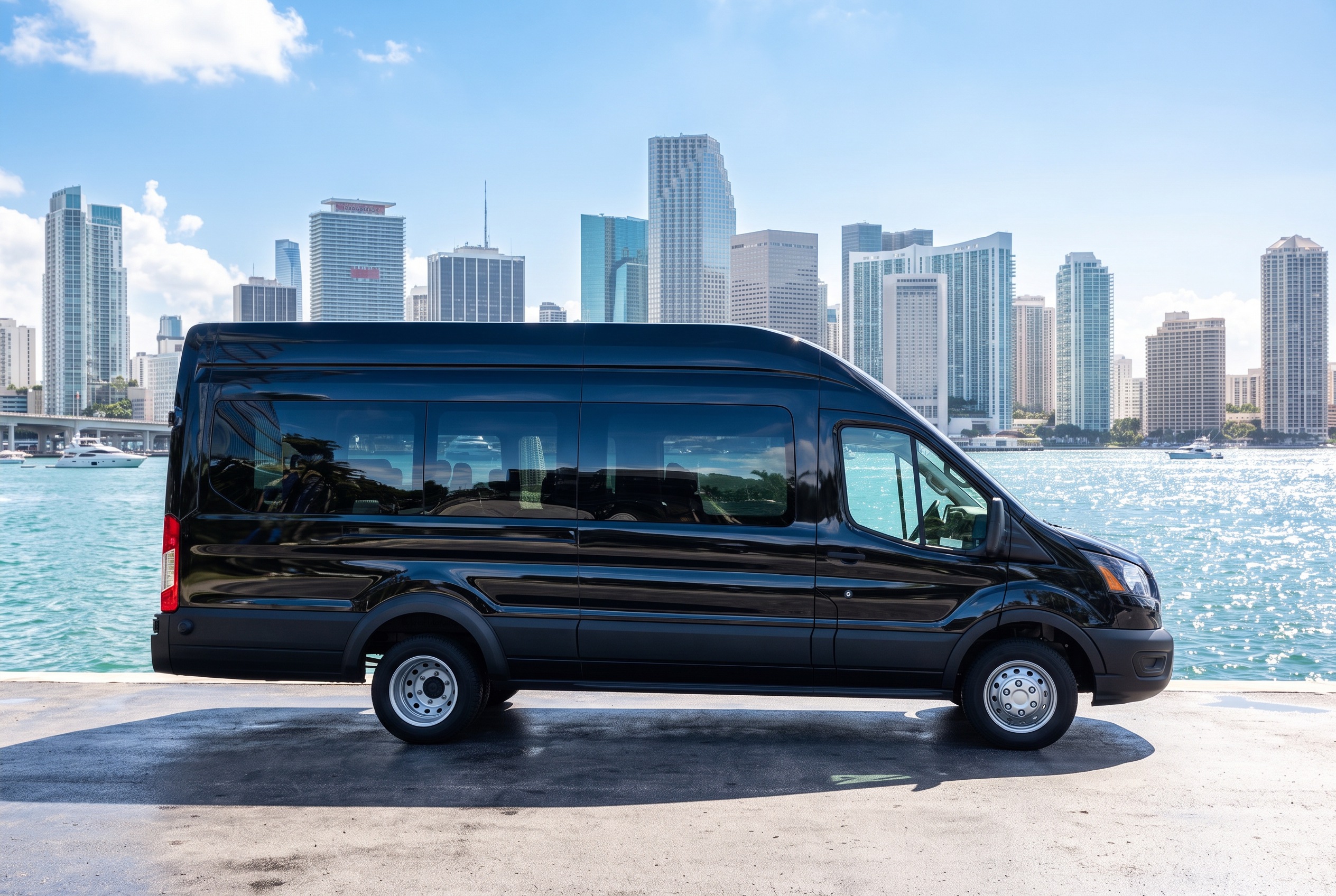 Van ejecutiva negra de RMT Pro Services con el skyline de Miami de fondo