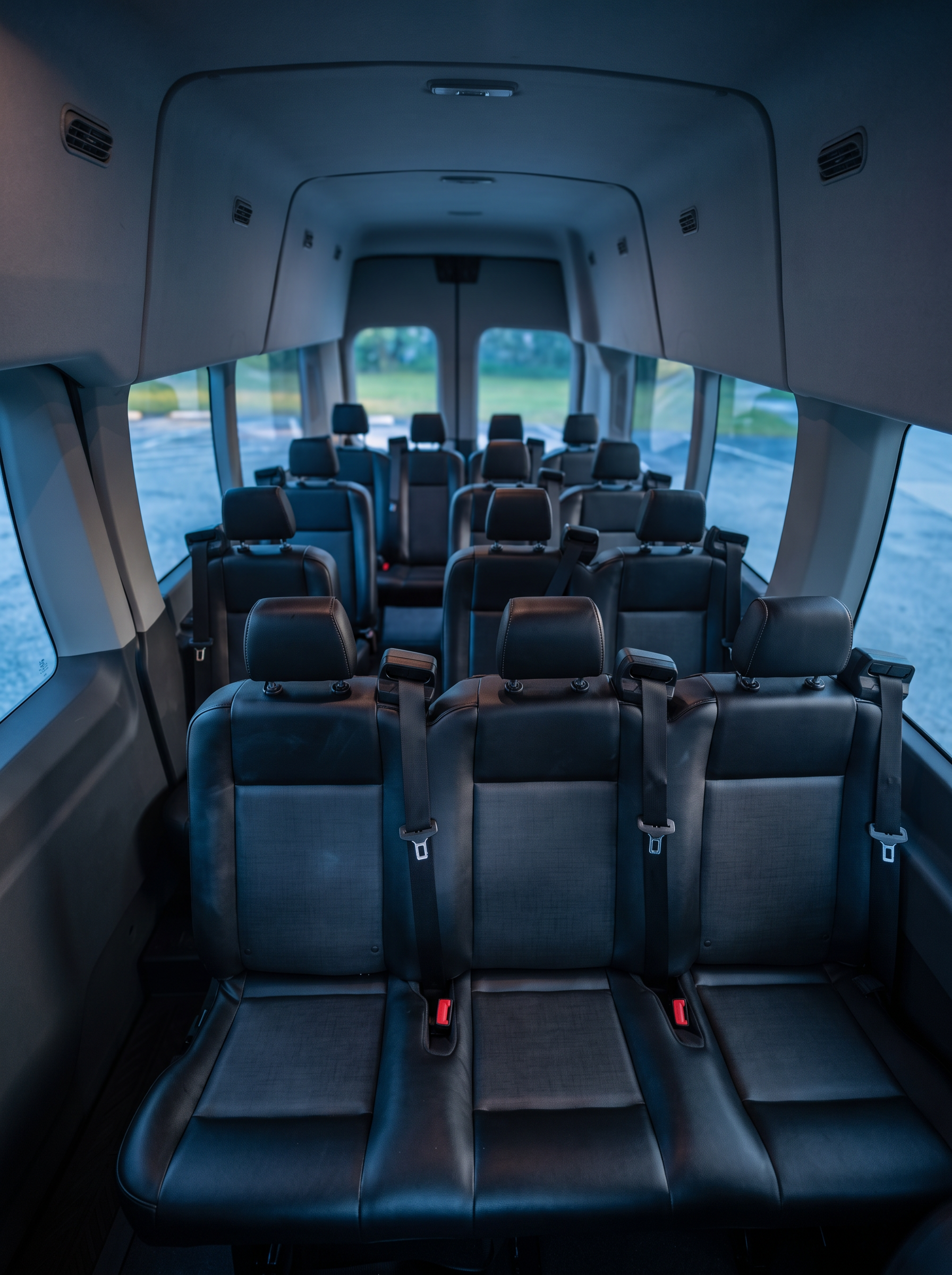 Interior de la van ejecutiva negra utilizada para el transporte al aeropuerto de Miami, con asientos de cuero y espacio para equipaje
