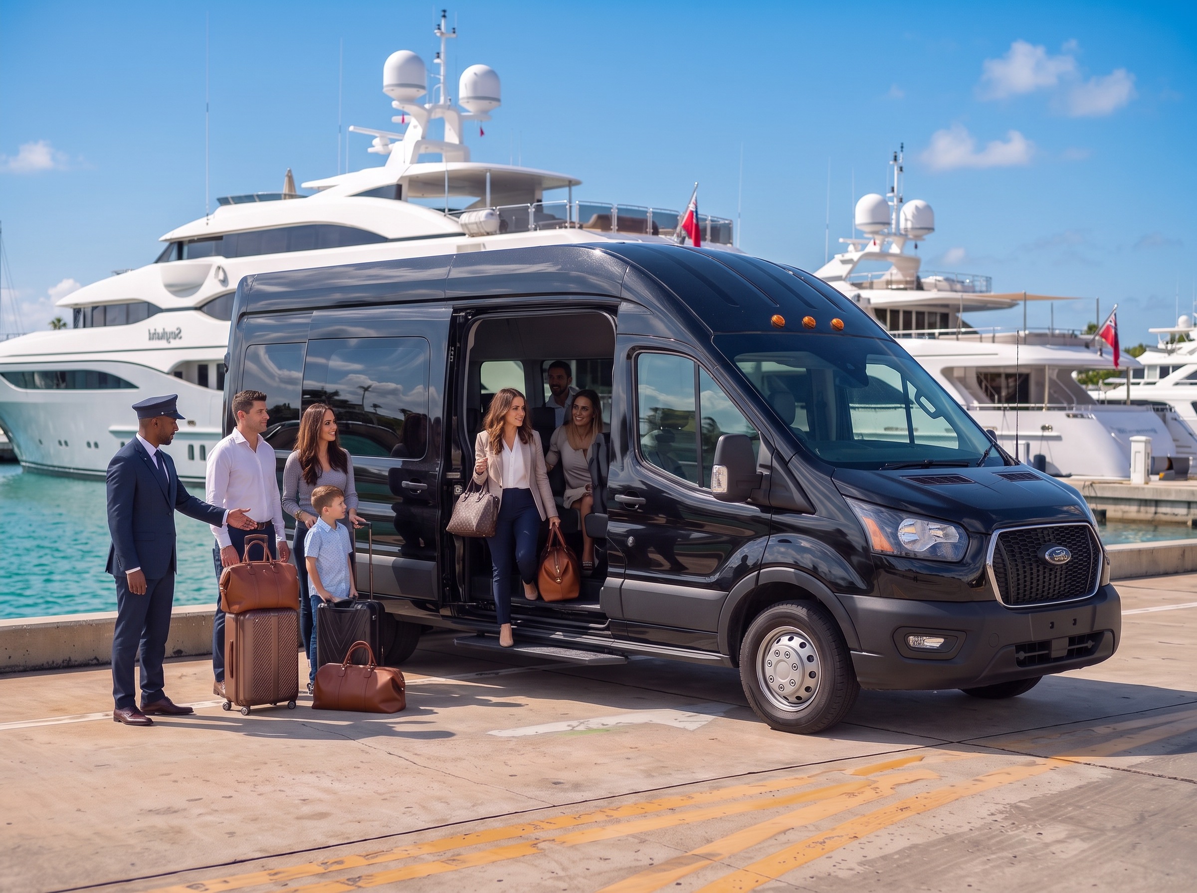 Travelers and luggage arriving at a Miami cruise terminal in a private black executive van